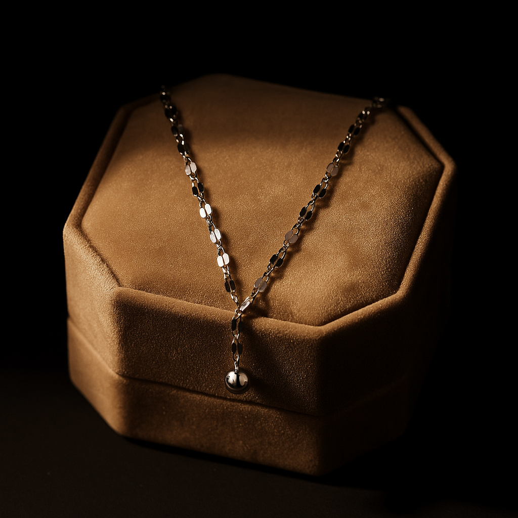 Necklace on a brown velvet stand against a black background
