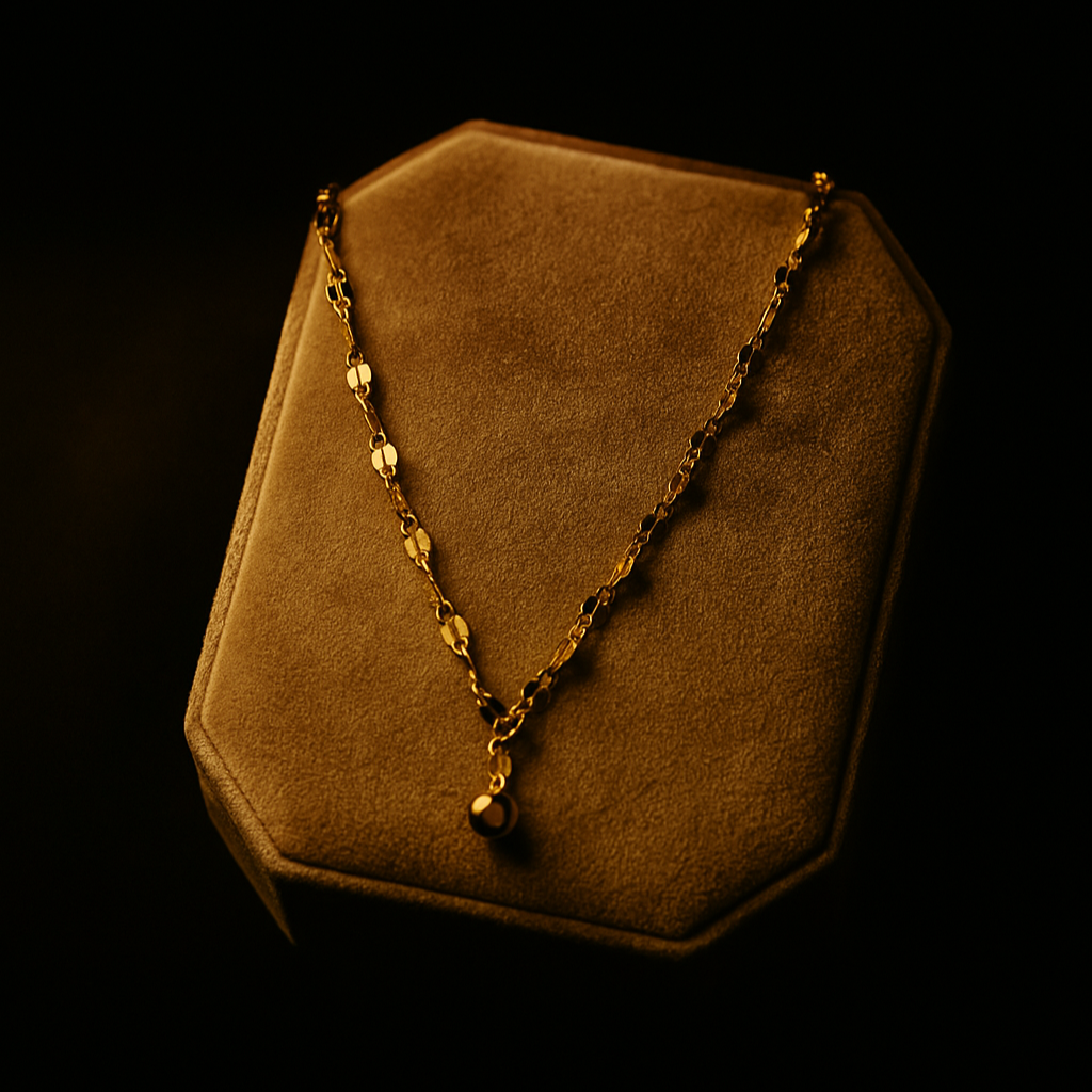 Gold necklace on a brown hexagonal velvet stand against a black background