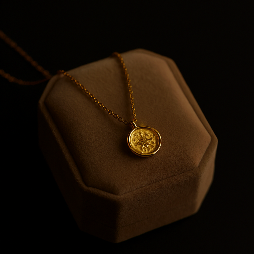 Gold necklace with a pendant on a brown hexagonal jewelry box against a black background
