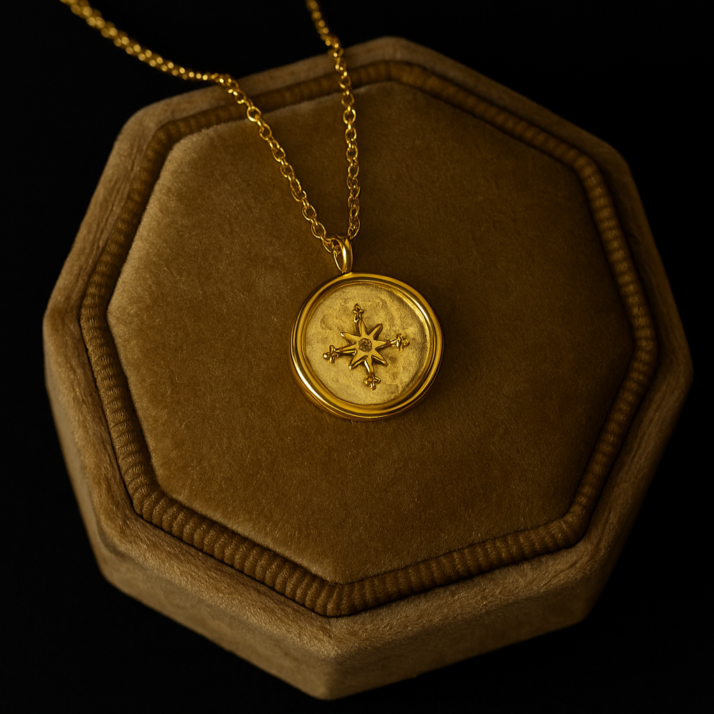 Gold necklace with a pendant on a brown hexagonal velvet stand against a black background