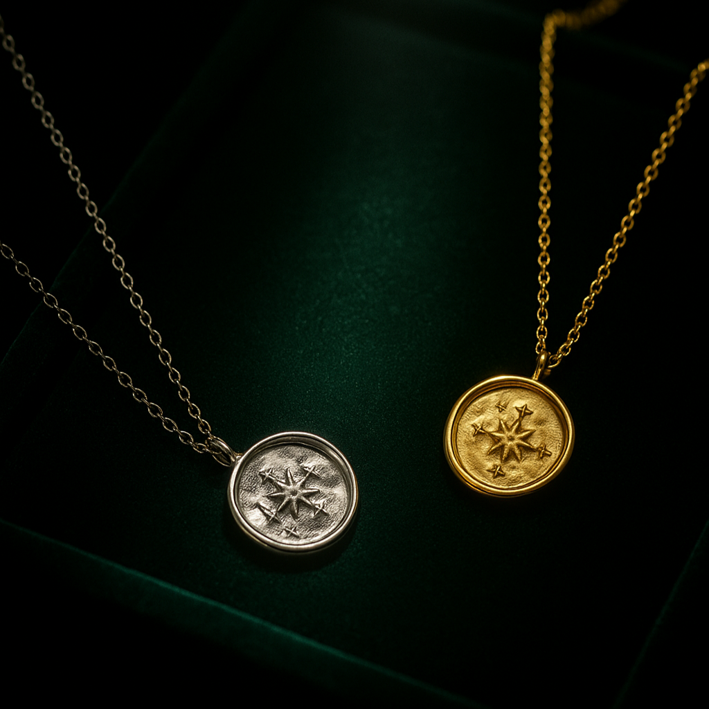 Two necklaces with circular pendants on a dark green background