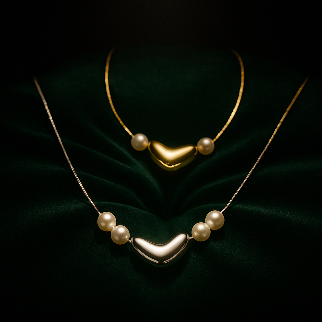 Two pearl necklaces on a dark green fabric background