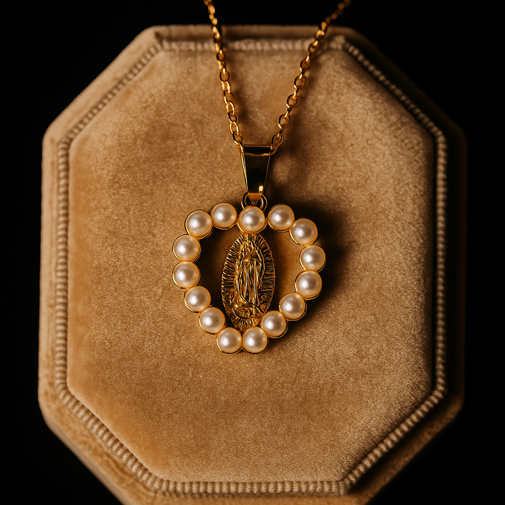Gold necklace with a heart-shaped pendant featuring pearls on a brown velvet display box.