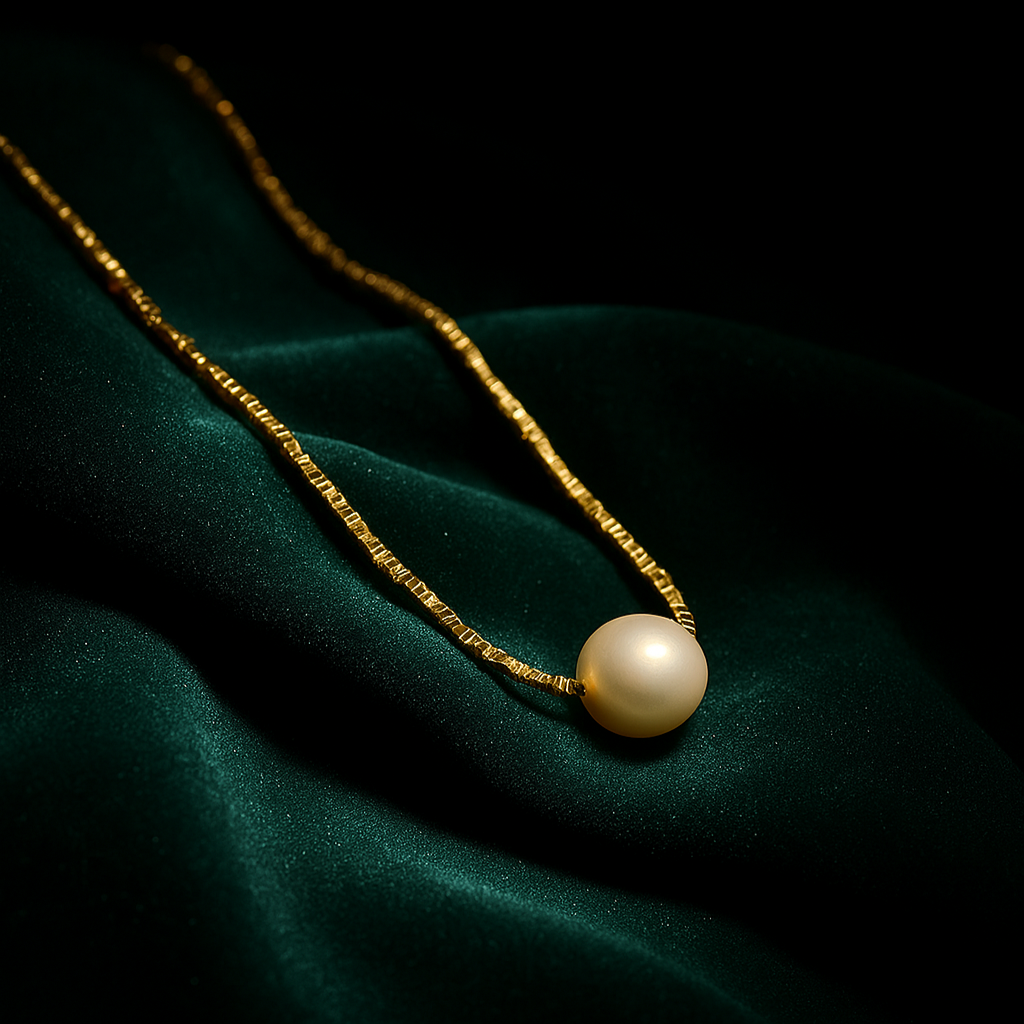 Gold necklace with a pearl pendant on a dark green fabric background