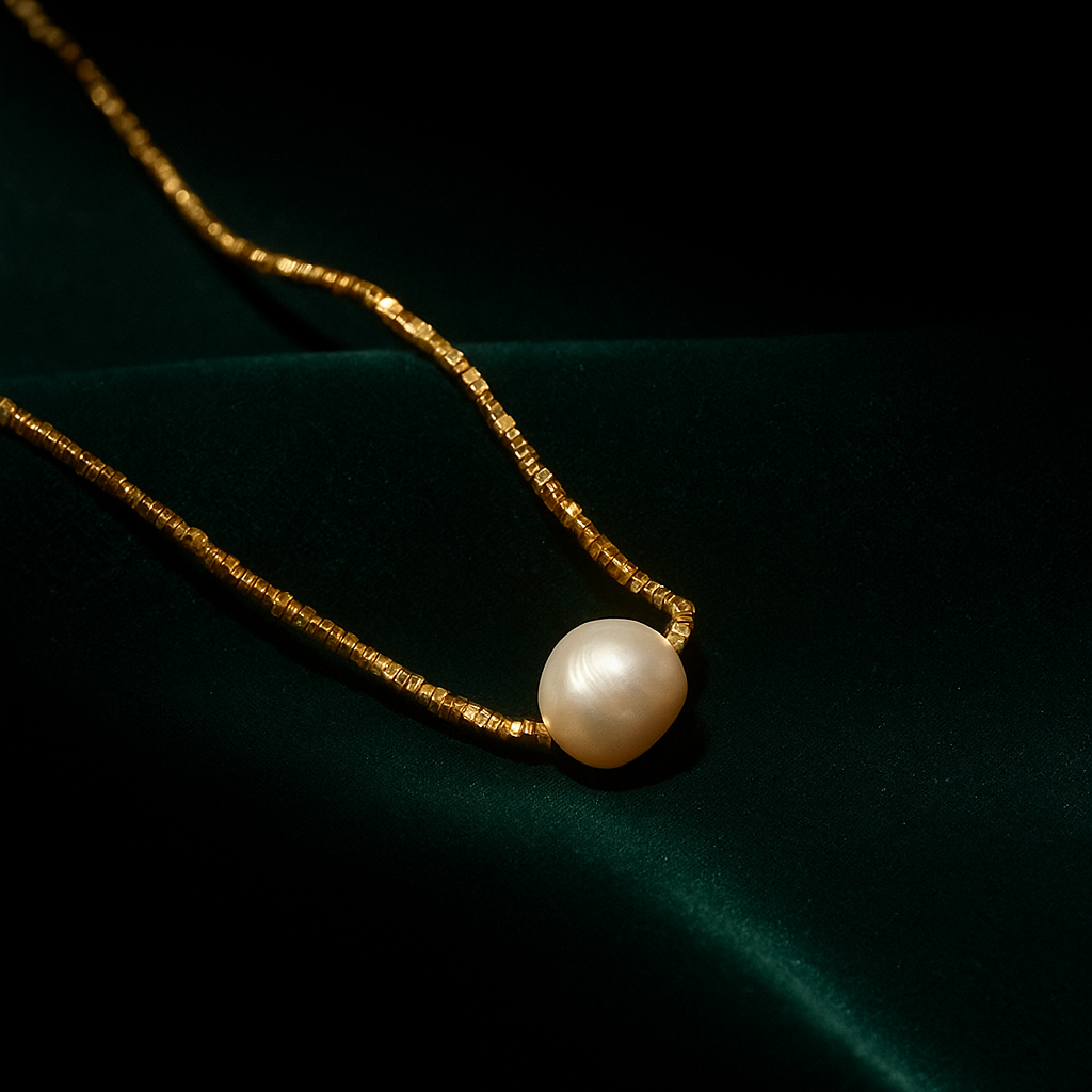 Gold necklace with a single pearl on a dark green fabric background
