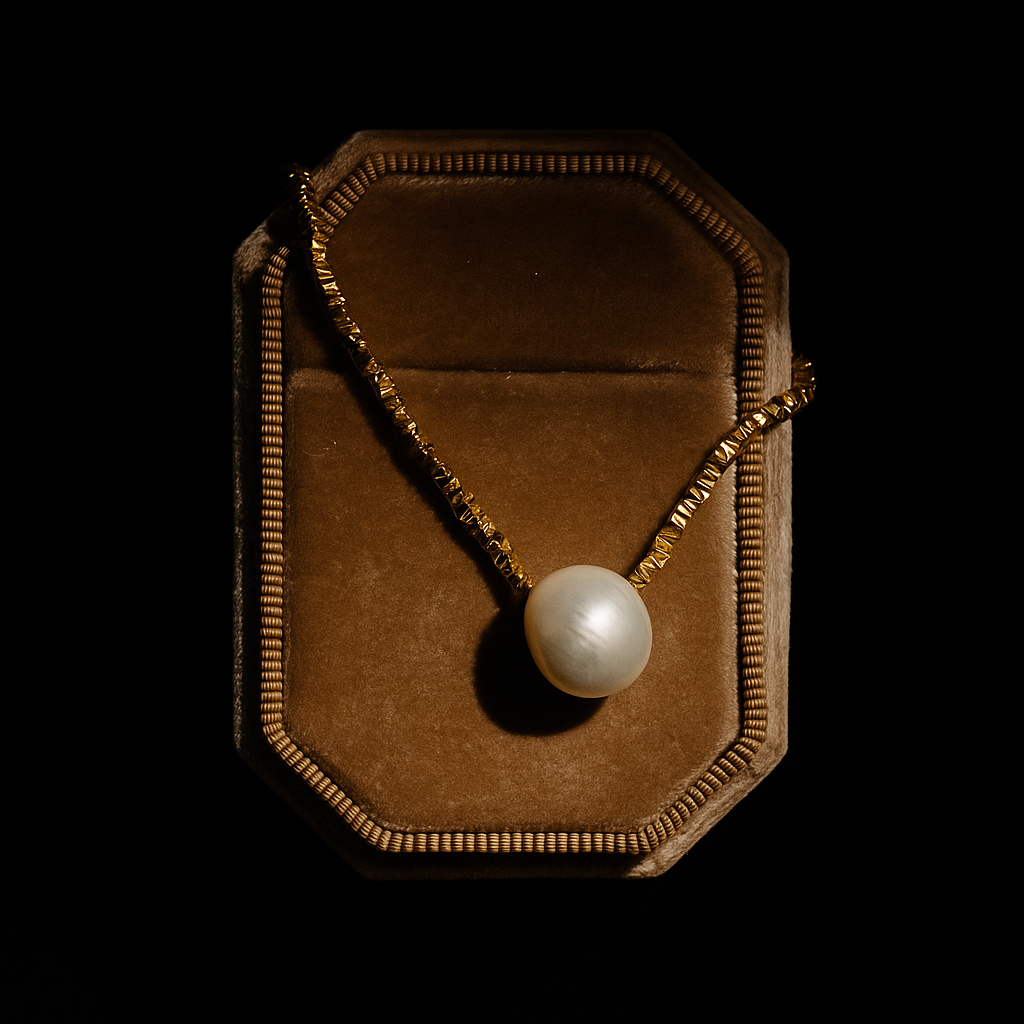 Gold necklace with a pearl pendant on a brown velvet display box against a black background