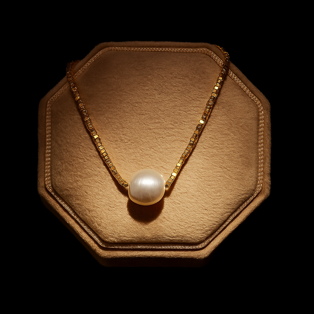 Gold necklace with a pearl pendant on a brown hexagonal stand against a black background