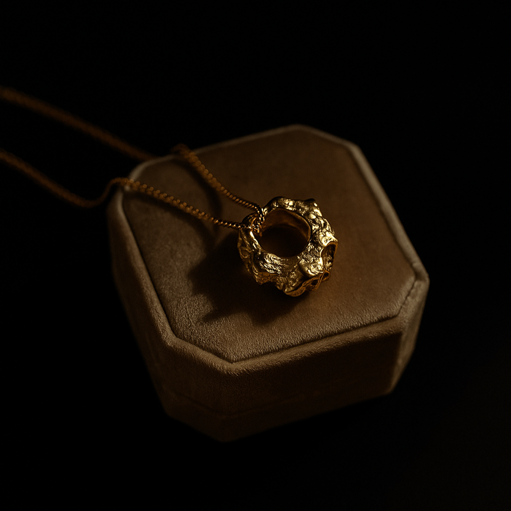Gold necklace pendant on a brown hexagonal display box against a black background