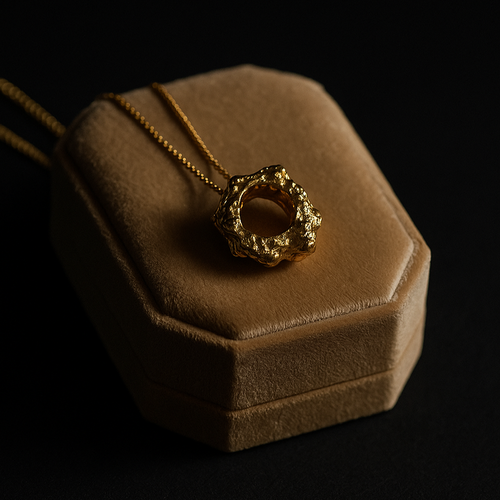 Gold necklace on a brown jewelry box against a black background