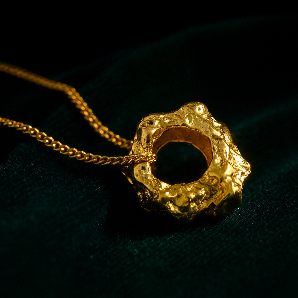 Gold necklace with a unique pendant on a dark background