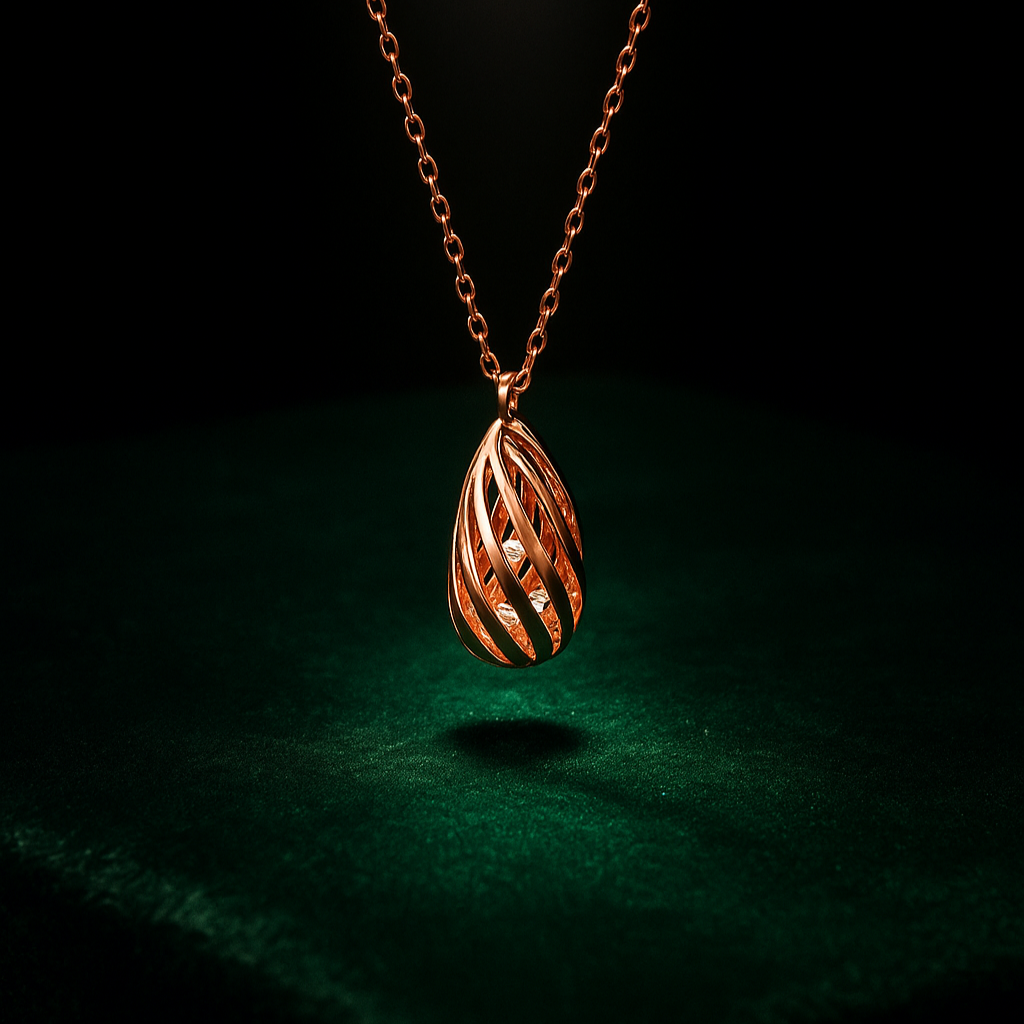 Rose gold necklace with a leaf-shaped pendant on a dark background