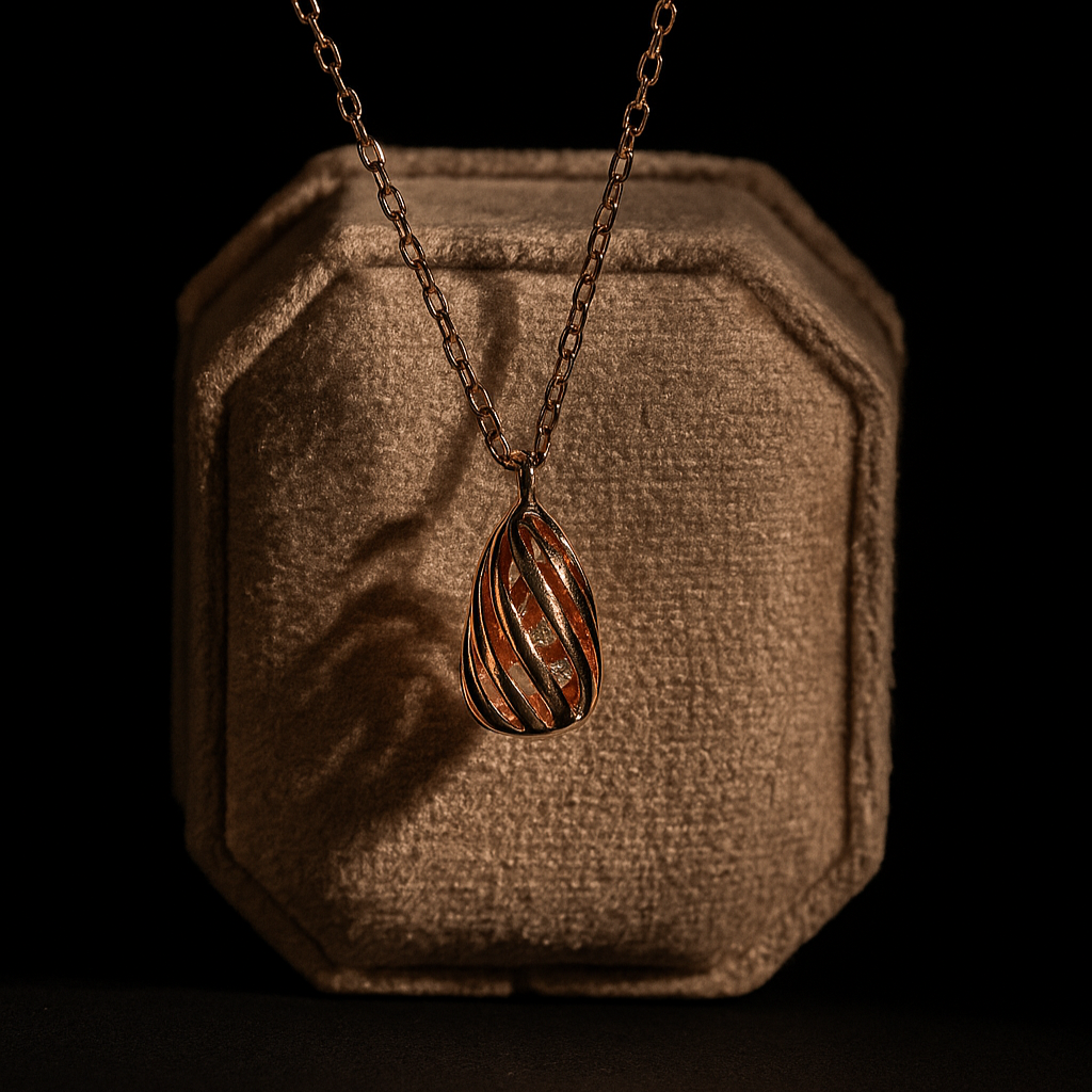 Necklace with a pendant on a textured brown surface against a black background
