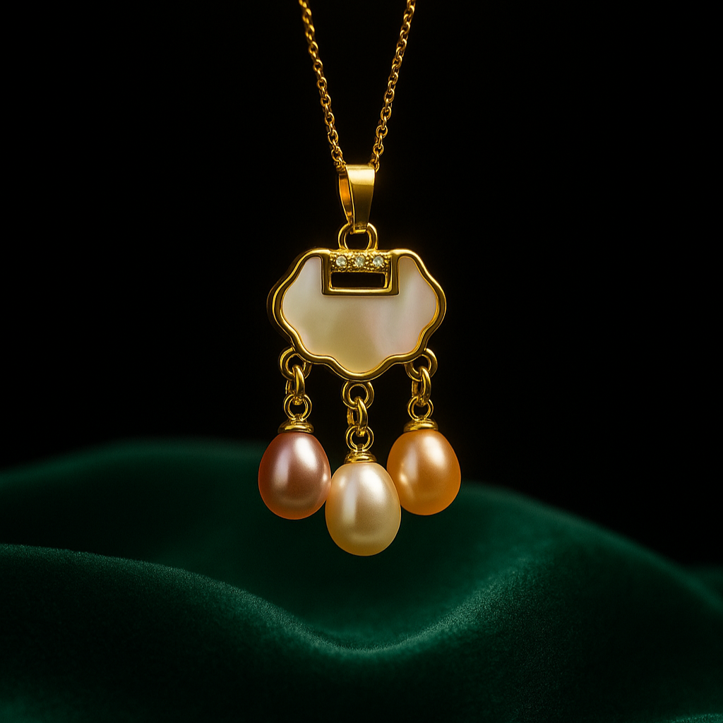 Gold necklace with a pendant featuring three pearls on a dark background
