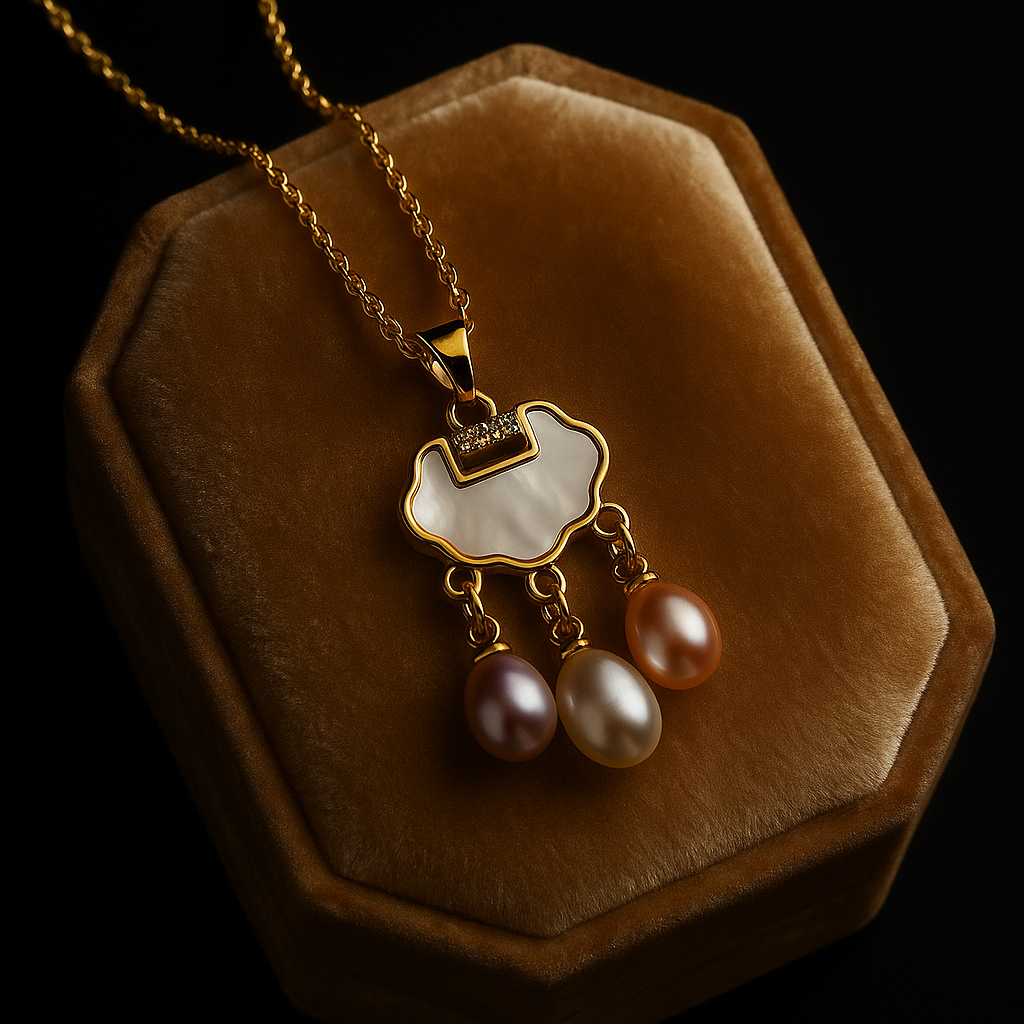 Necklace with a pendant featuring three pearls on a brown velvet stand.