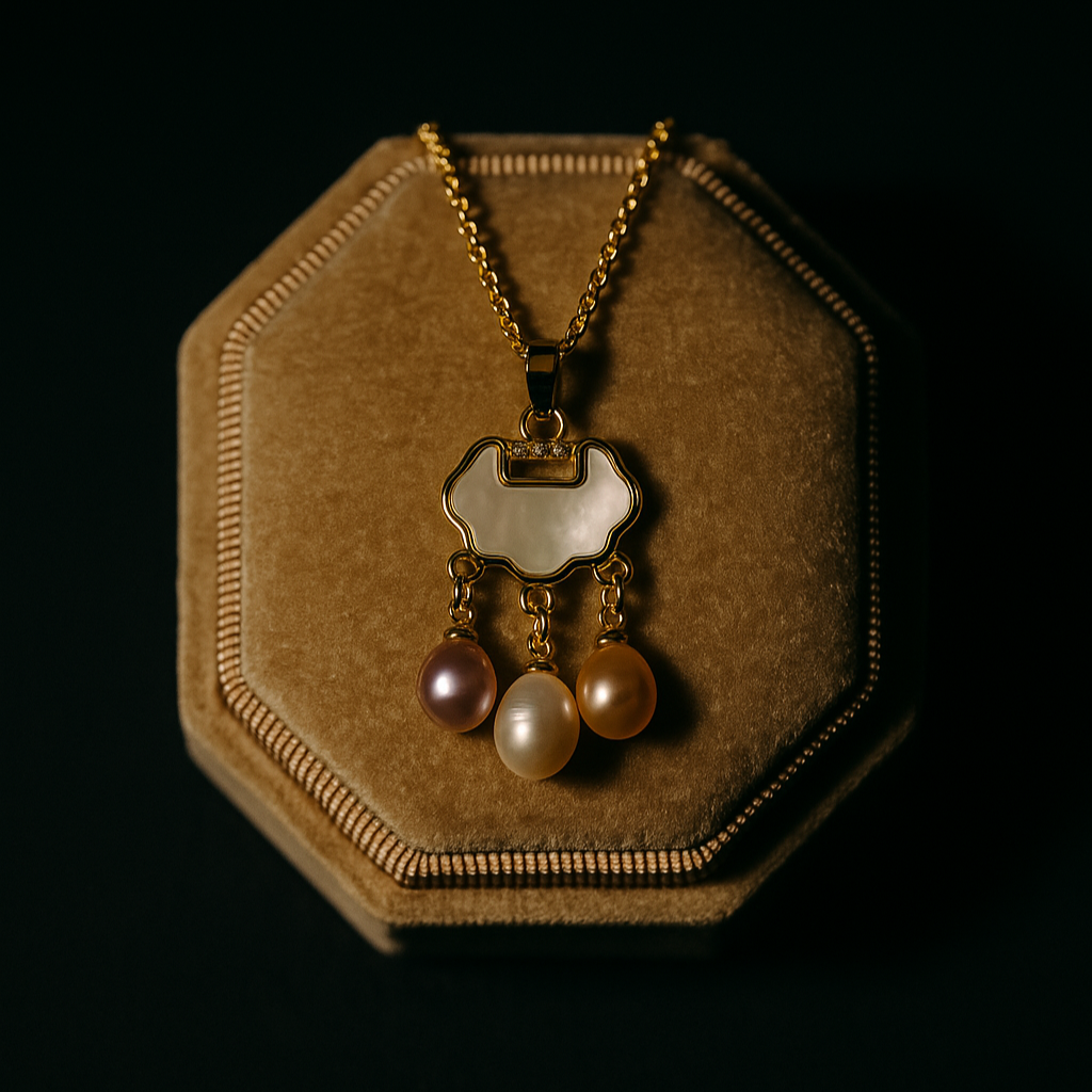 Gold necklace with pendant and pearls on a brown hexagonal stand against a black background