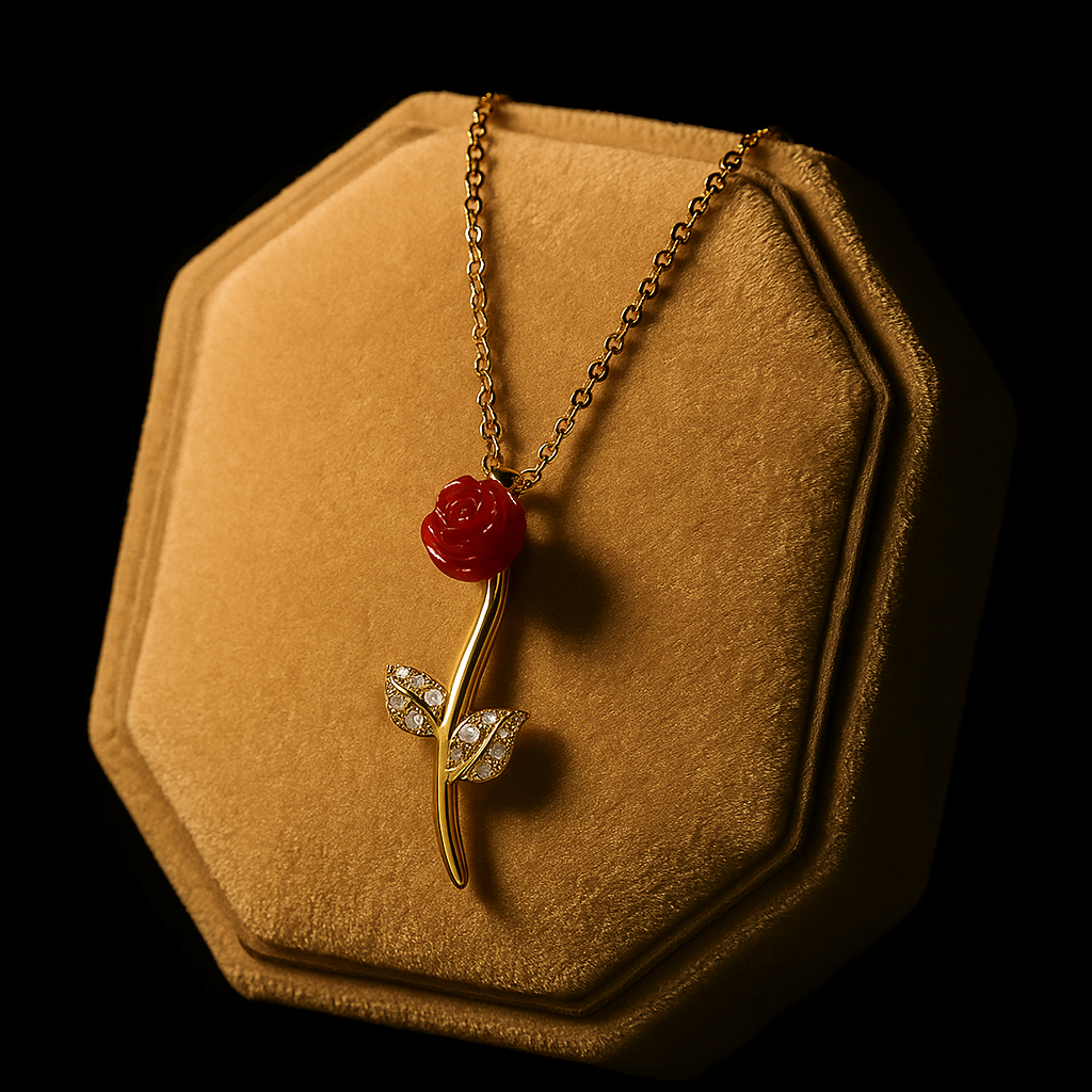 Jewelry necklace with a red flower pendant on a brown velvet stand against a black background