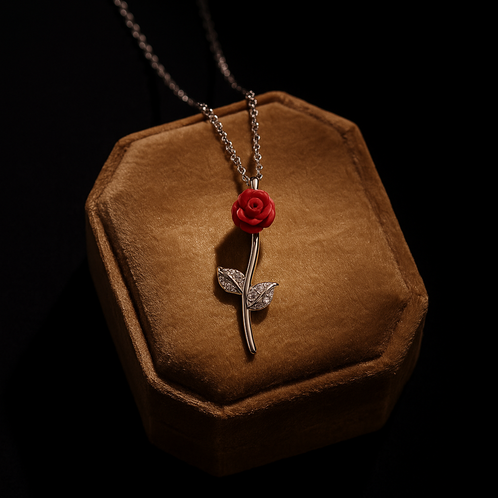 Necklace with a red rose pendant on a brown hexagonal cushion against a dark background
