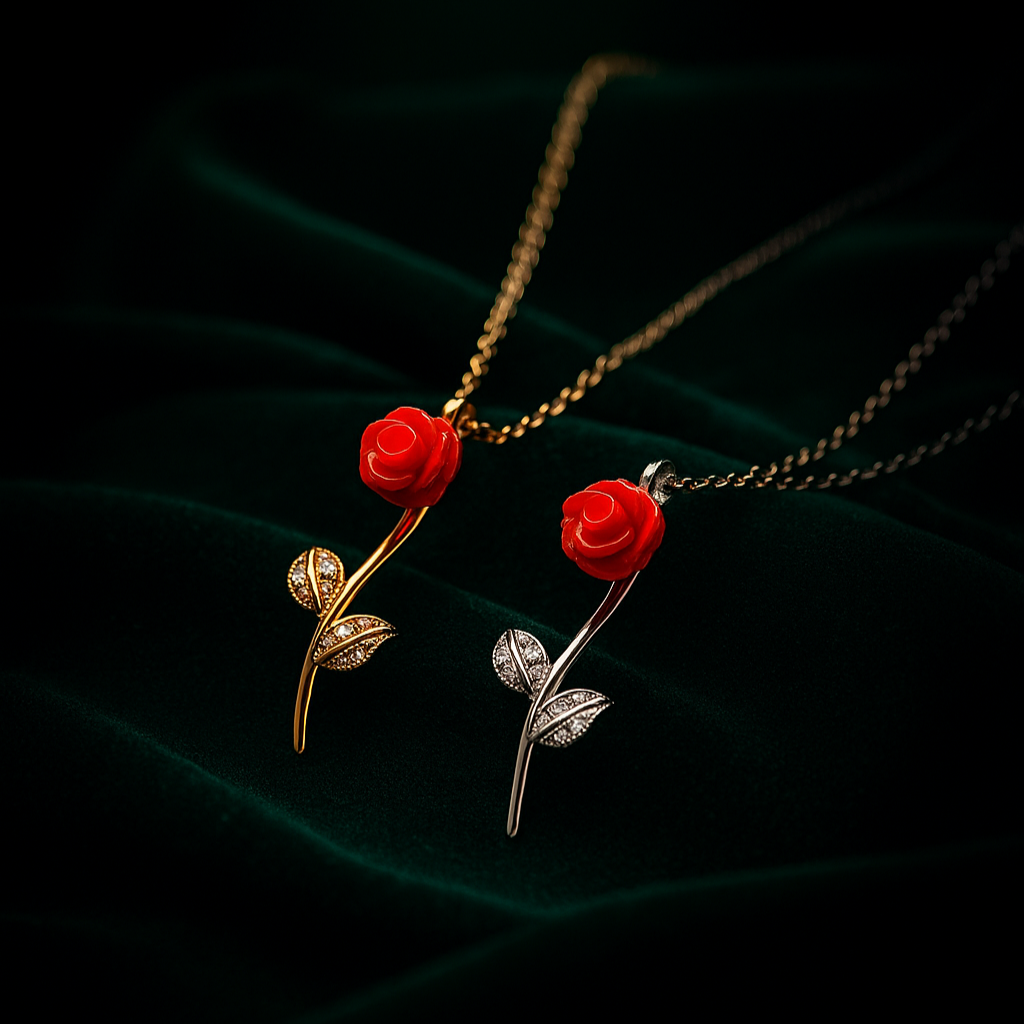 Necklace with red rose pendants on a dark background