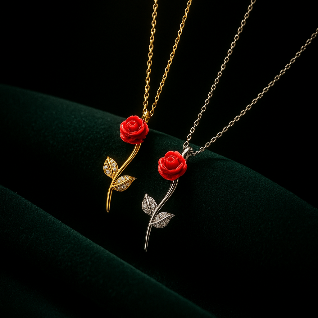 Two necklaces with red rose pendants on a dark background