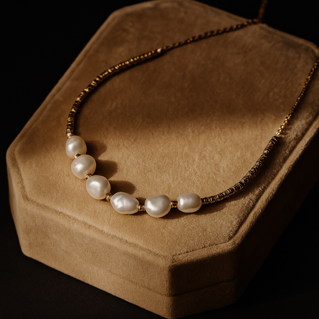 Pearl necklace on a brown velvet cushion with a dark background
