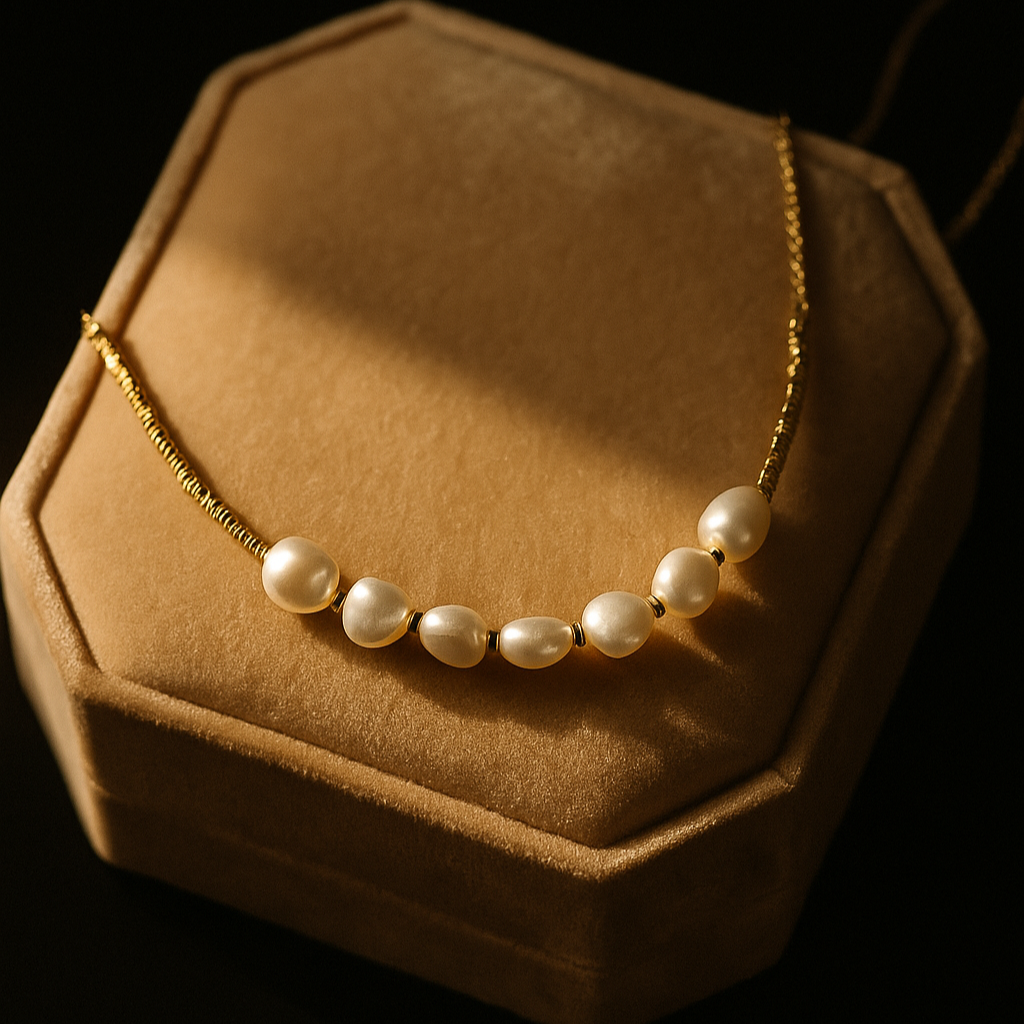 Pearl necklace on a brown jewelry box with a dark background