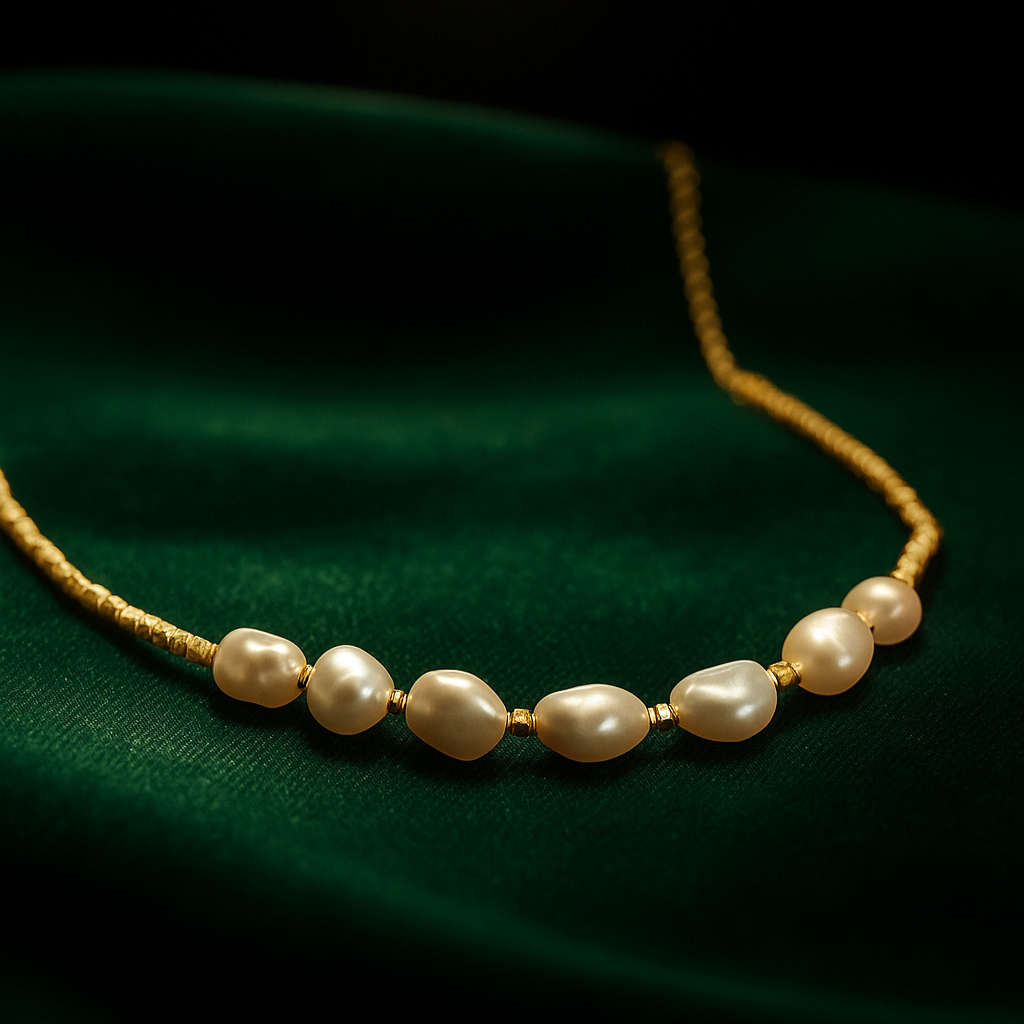 Pearl necklace on a dark green fabric background