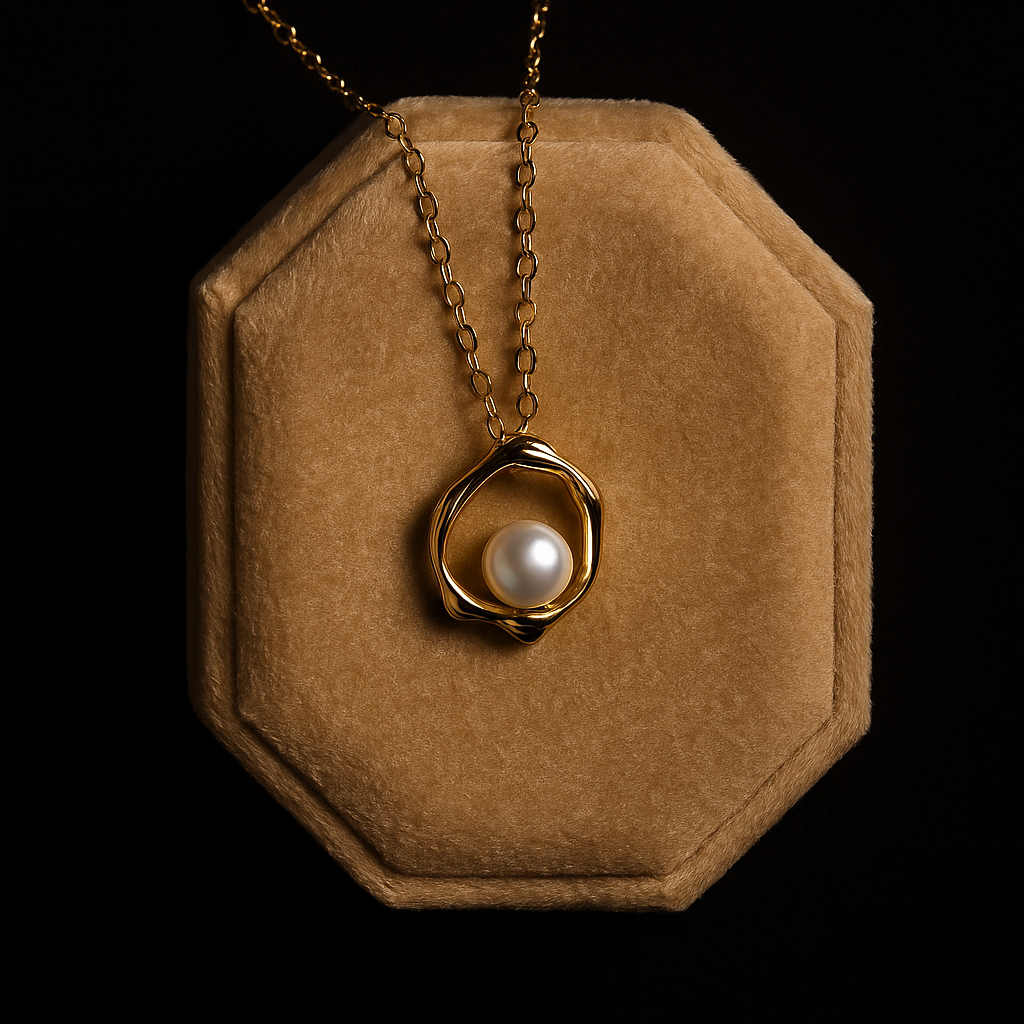 Gold necklace with a pearl pendant on a brown hexagonal stand against a black background