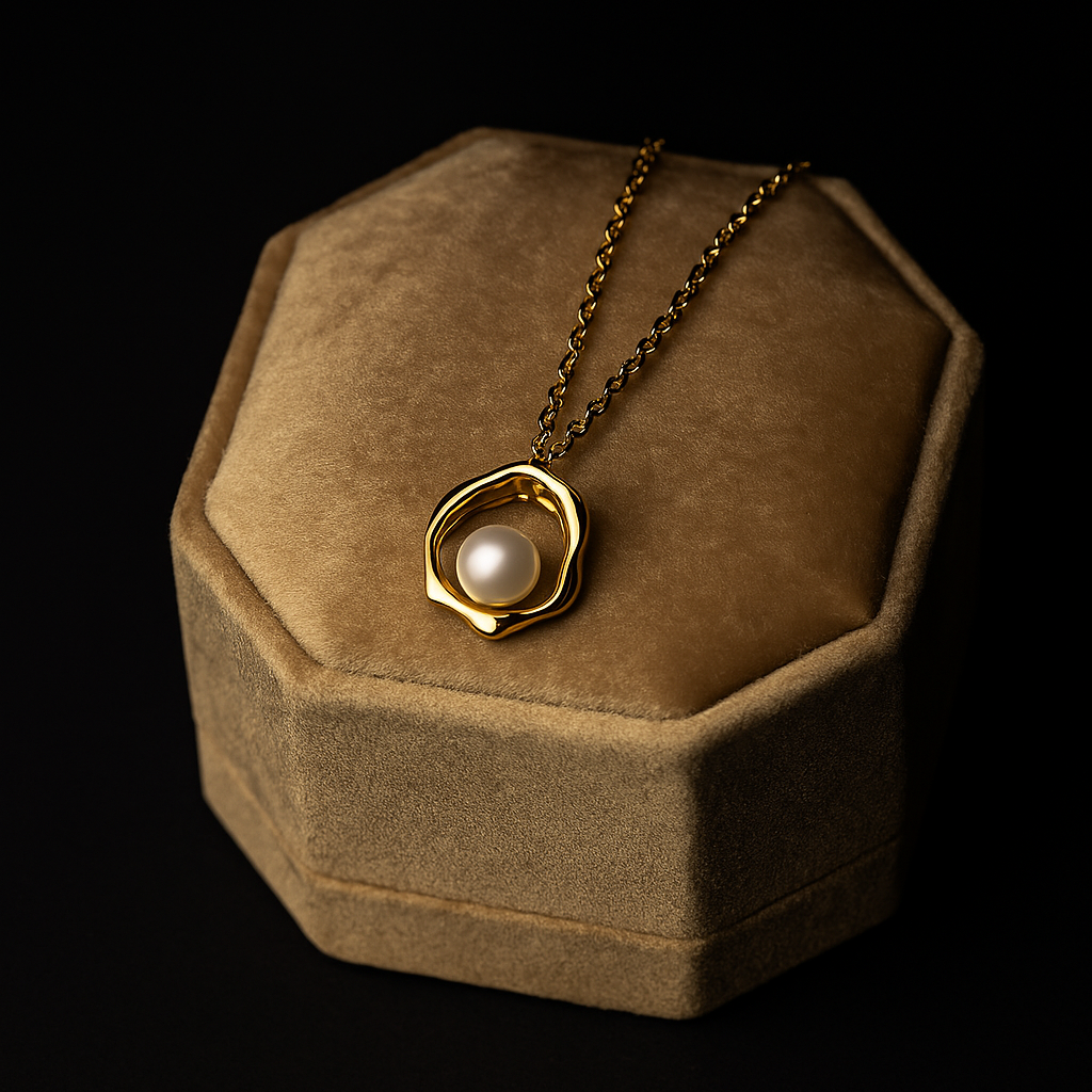 Gold necklace with a pearl pendant on a brown hexagonal velvet box against a black background