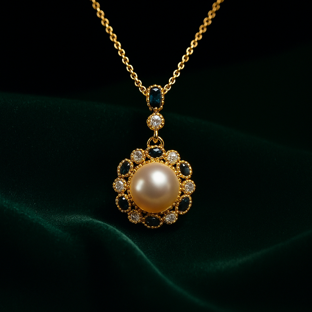 Gold necklace with a pearl pendant on a dark green fabric background