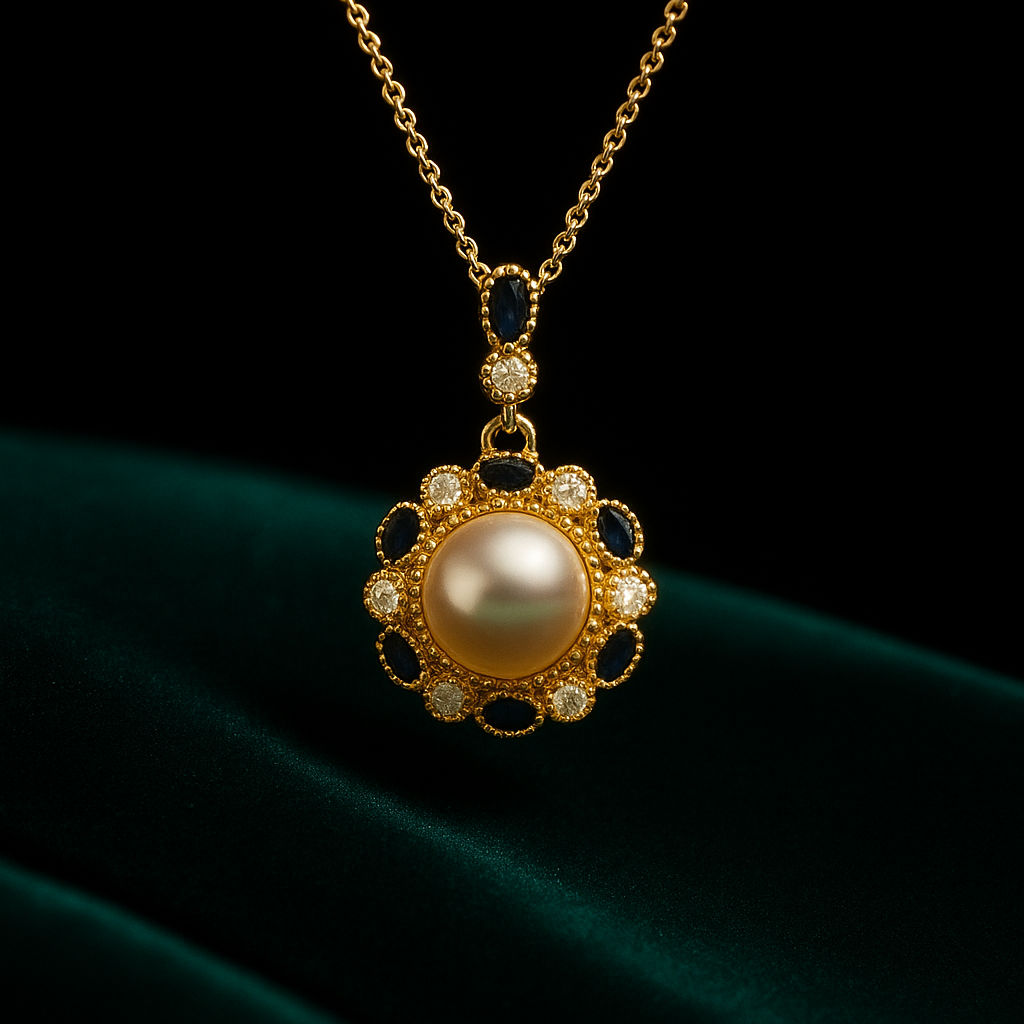 Gold necklace with a pearl pendant on a dark background