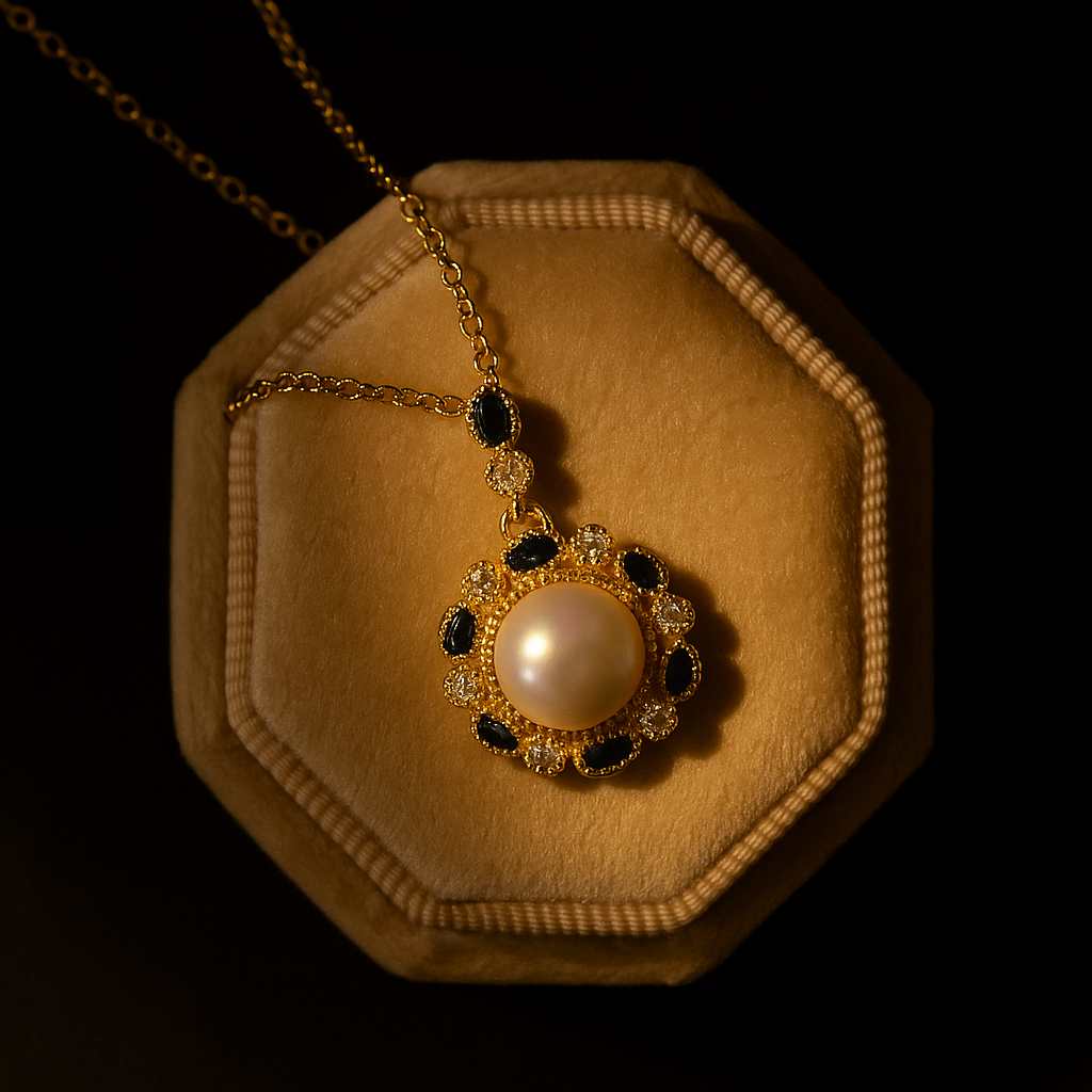 Gold necklace with a pearl pendant on a dark background