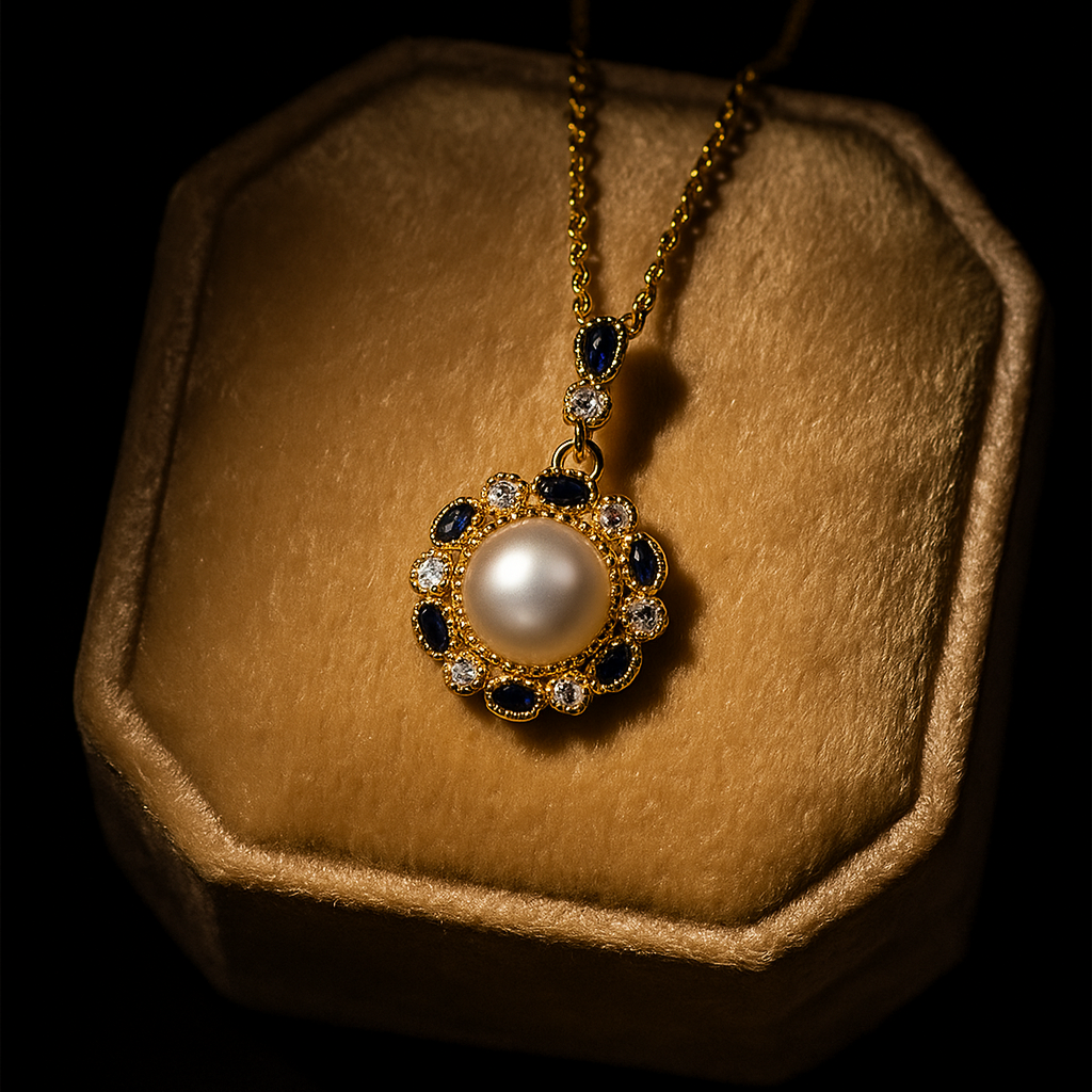 Gold necklace with a pearl pendant on a brown velvet cushion