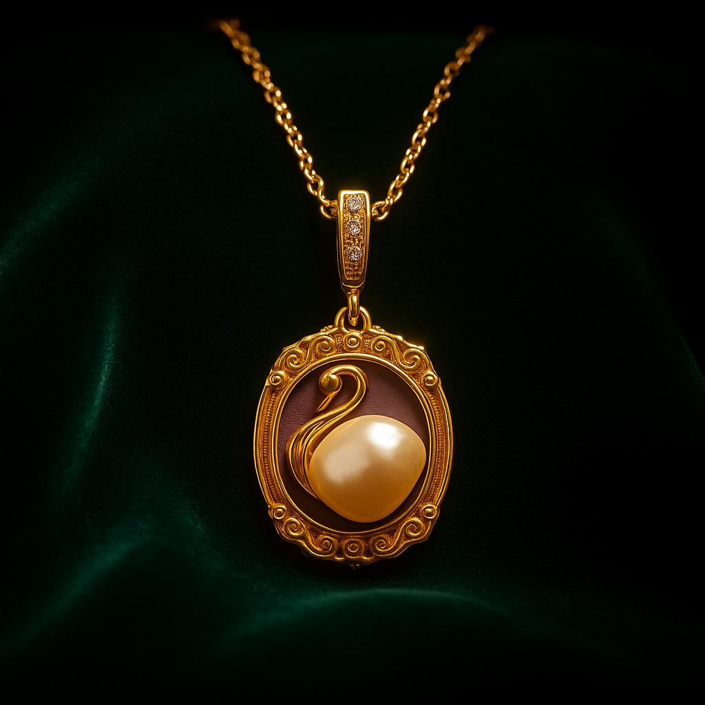 Gold pendant with a central pearl on a dark background