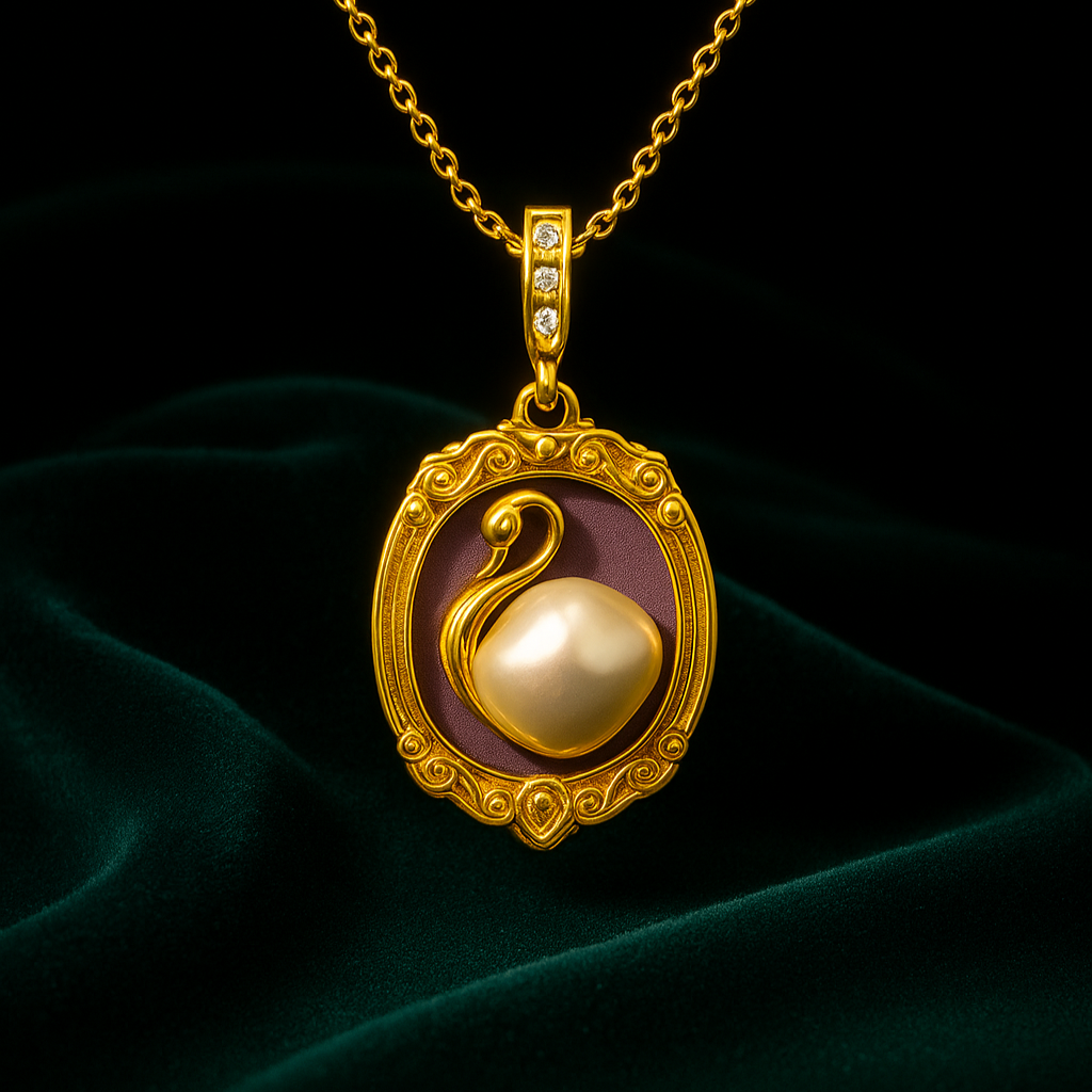 Gold necklace with a pendant featuring a swan design on a dark background