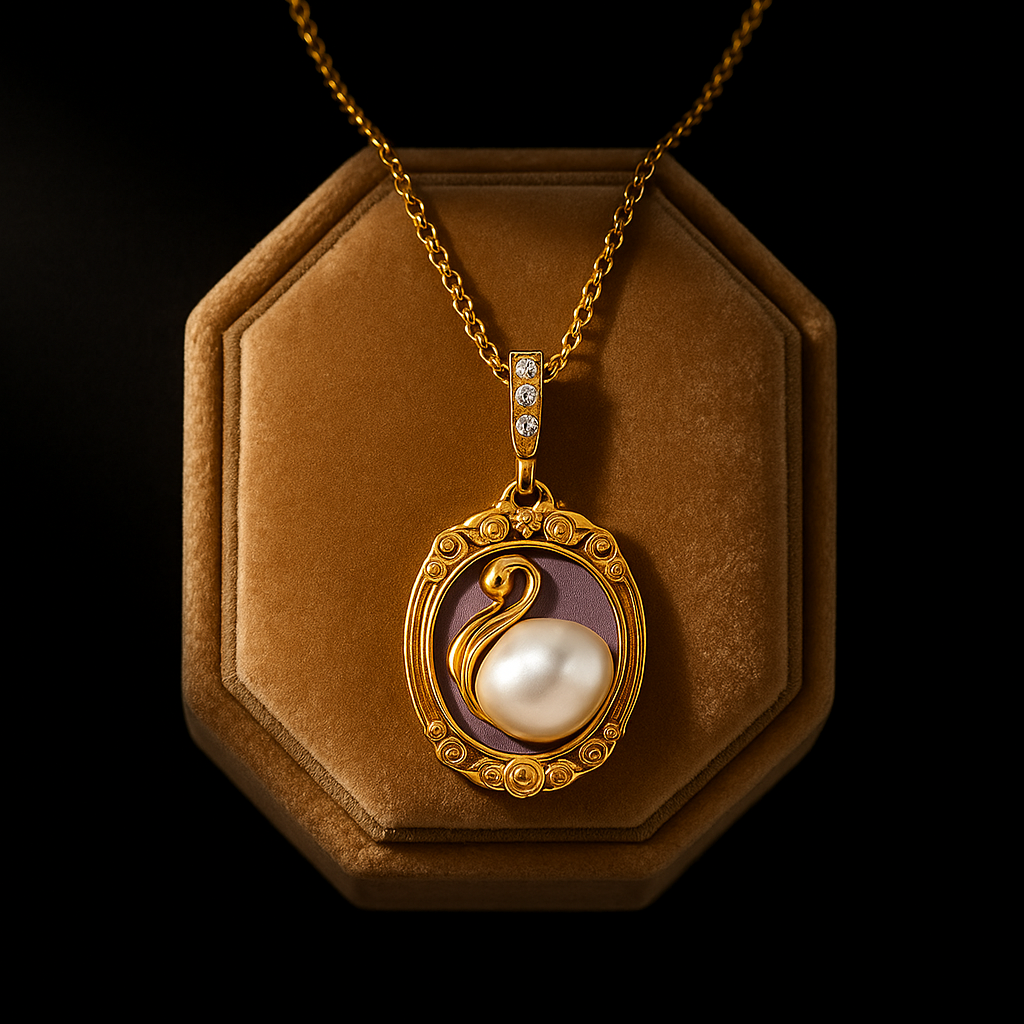 Gold necklace with a pendant featuring a swan and pearl on a brown velvet stand against a black background.