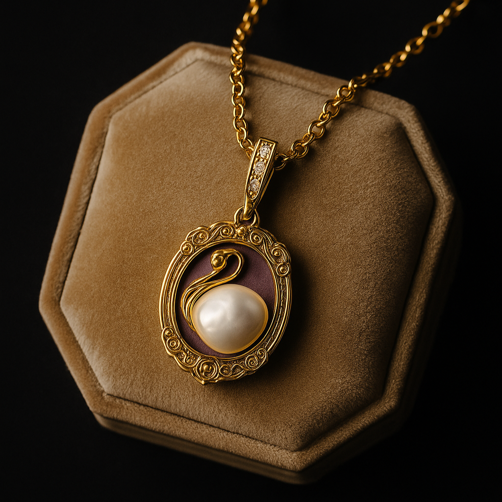 Gold necklace with a pendant featuring a pearl on a brown hexagonal stand against a black background
