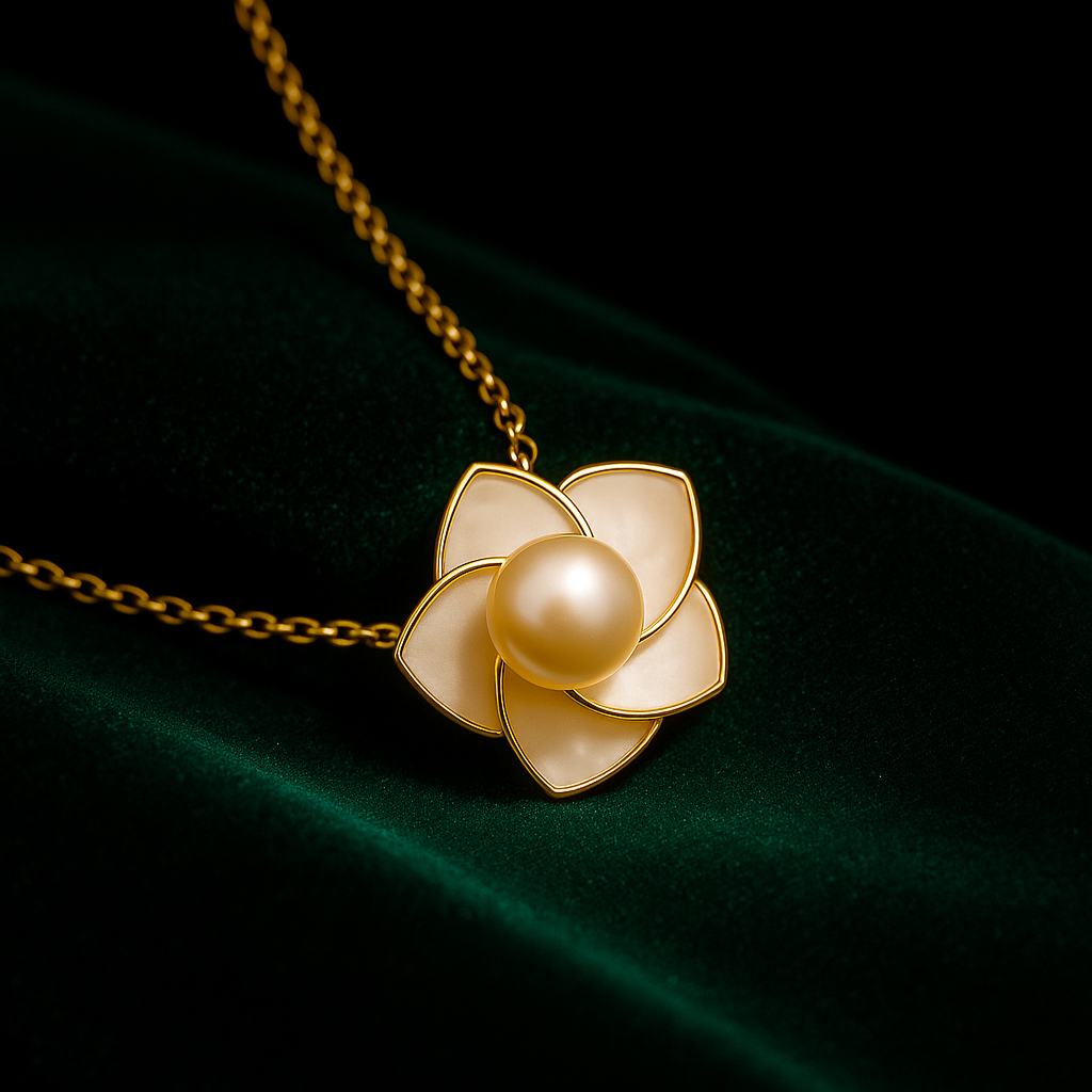 Gold necklace with a flower-shaped pendant featuring a pearl on a dark background