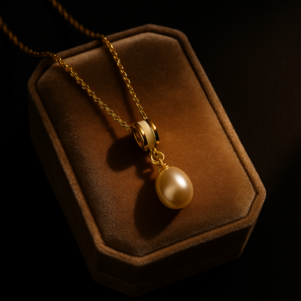 Gold necklace with a pearl pendant on a brown velvet cushion against a dark background