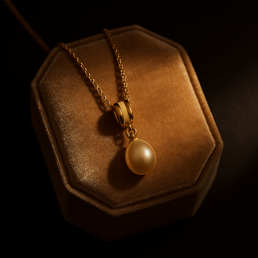 Gold necklace with a pearl pendant on a brown velvet cushion against a dark background