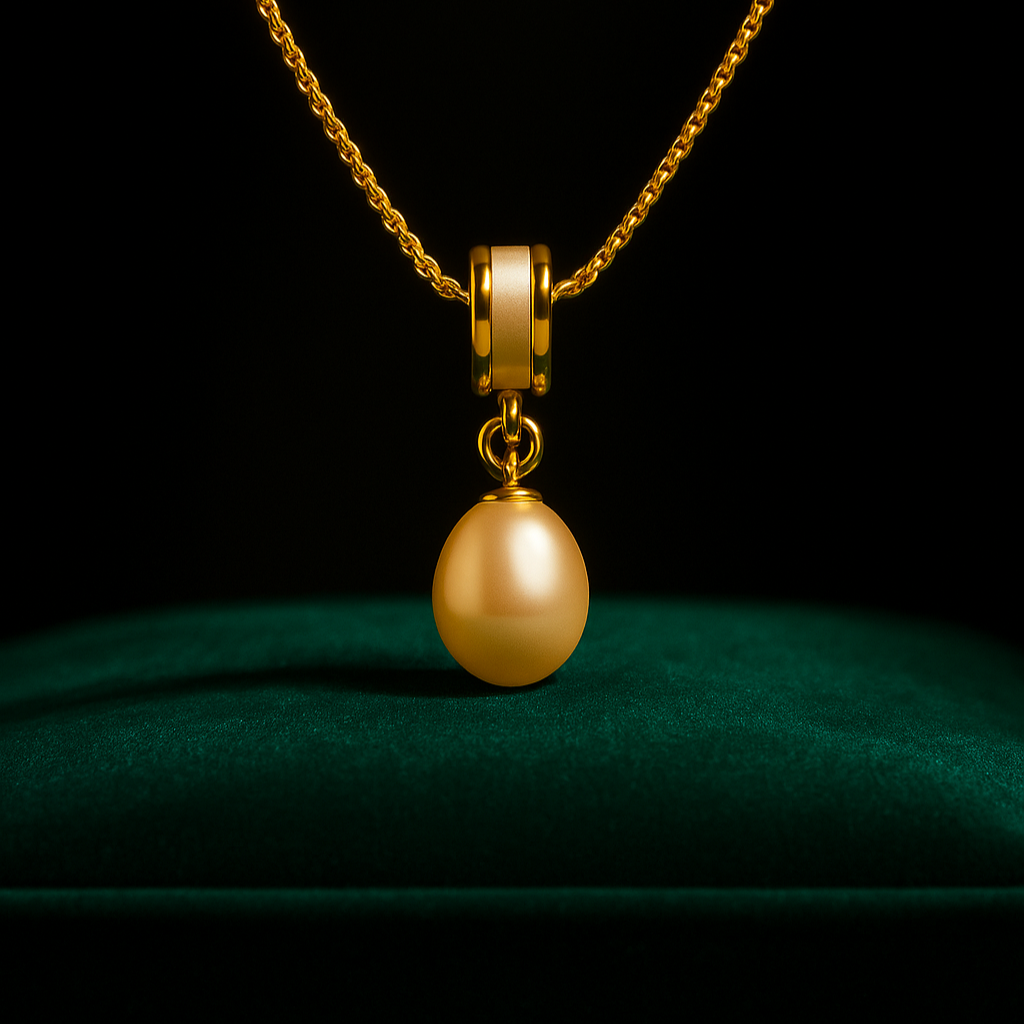 Gold necklace with a pendant on a dark background