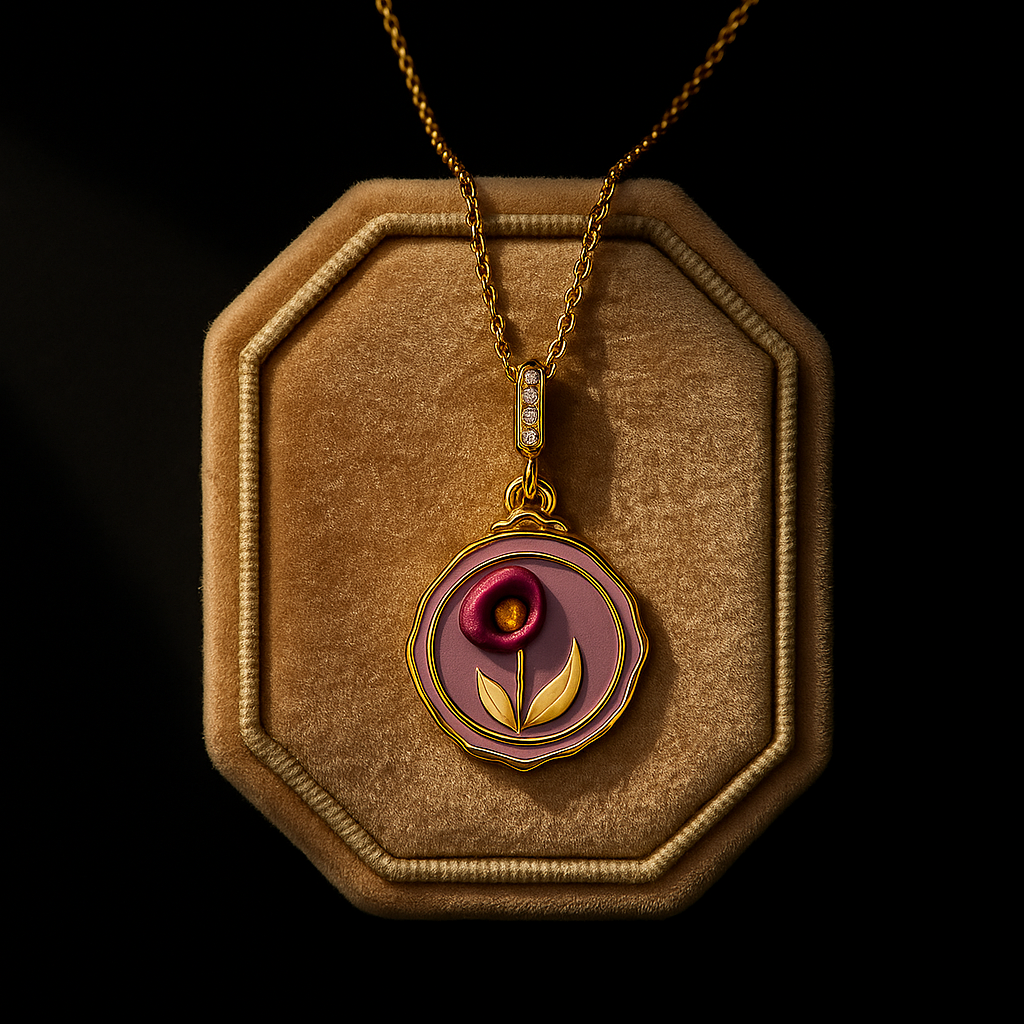 Necklace with a pendant featuring a floral design on a brown hexagonal display stand against a black background.