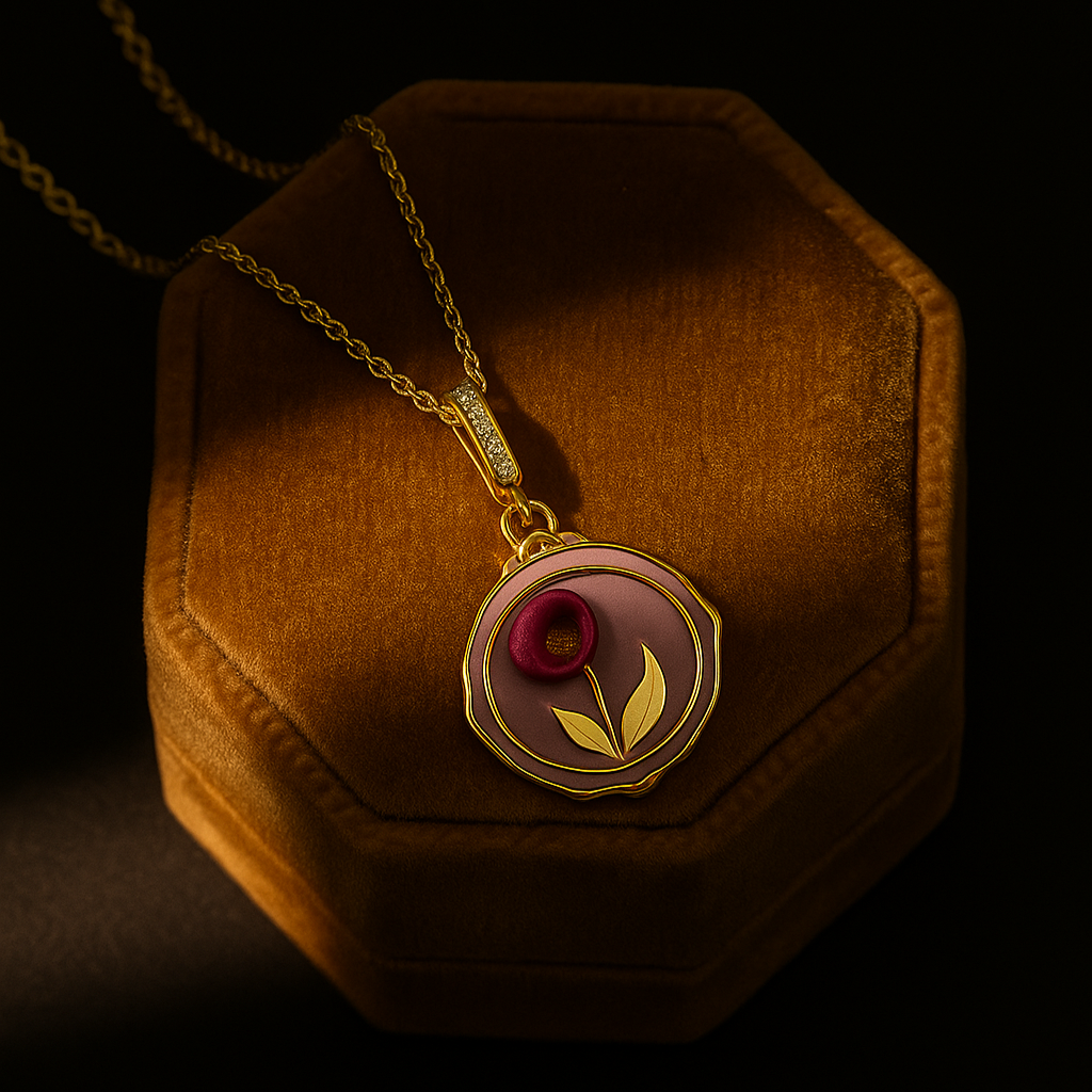 Necklace with a pendant featuring a rose design on a brown velvet box.