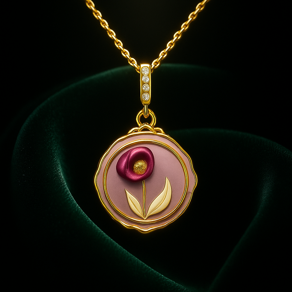 Gold necklace with a pendant featuring a pink flower design on a dark background
