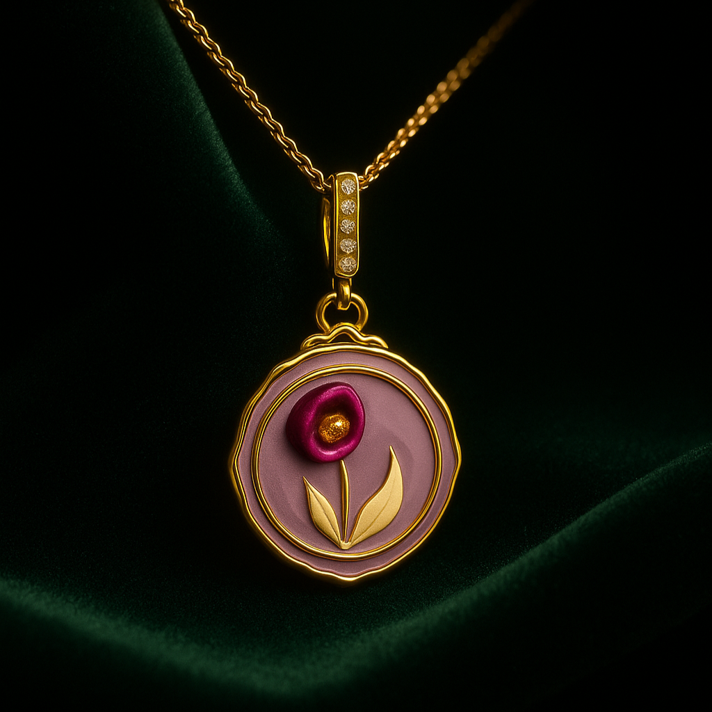 Gold necklace with a pendant featuring a rose design on a dark green fabric background