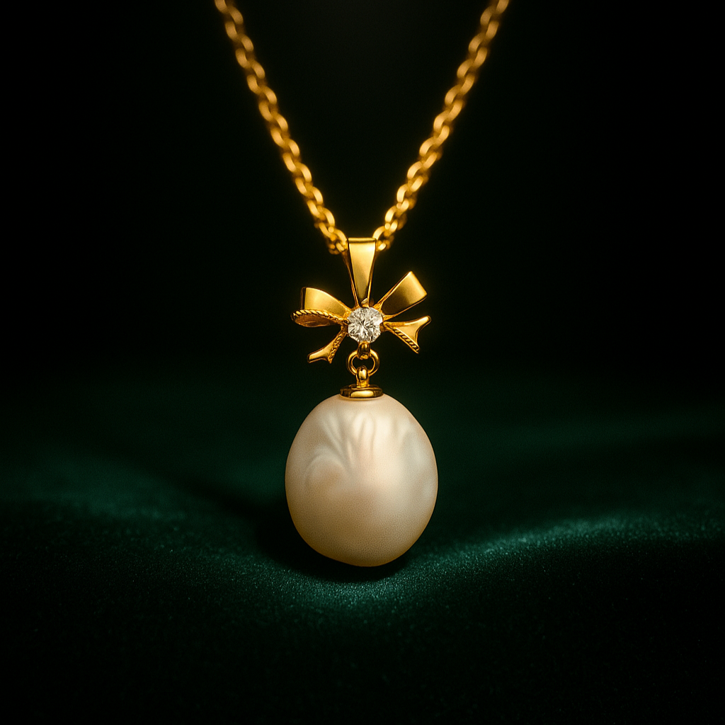 Gold necklace with a pearl pendant on a dark background