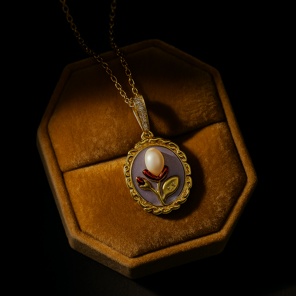 Vintage-style necklace with a pendant in an octagonal brown velvet box on a dark background