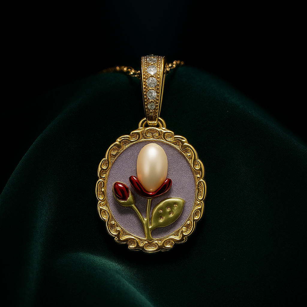 Gold pendant with a pearl and floral design on a dark background