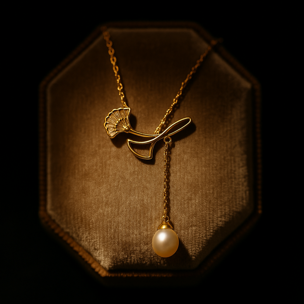 Gold necklace with a pearl pendant on a dark background