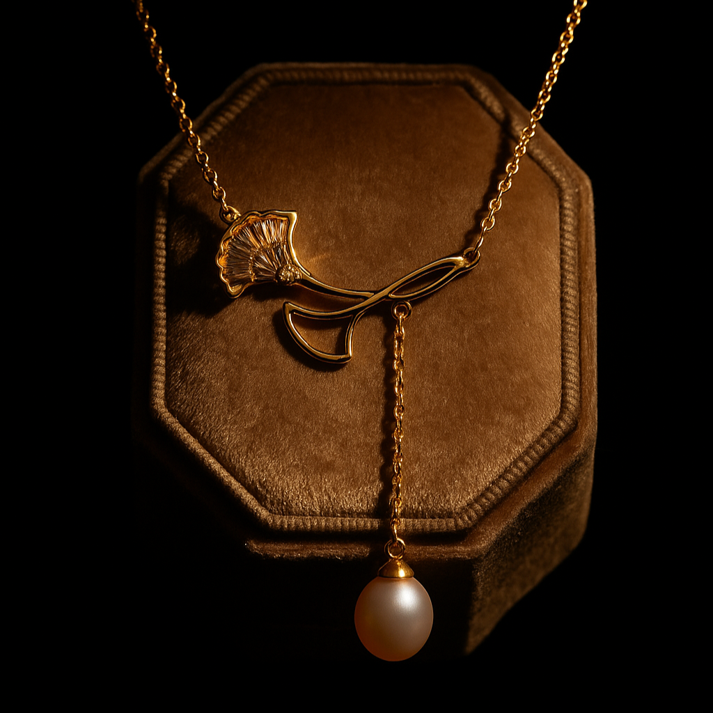 Gold necklace with a pearl pendant on a brown jewelry box against a black background
