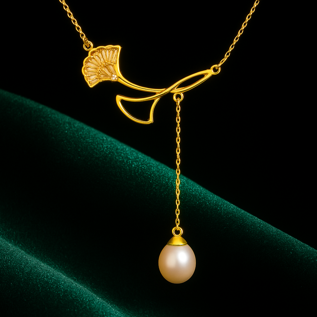 Gold necklace with a leaf design and pearl pendant on a dark background